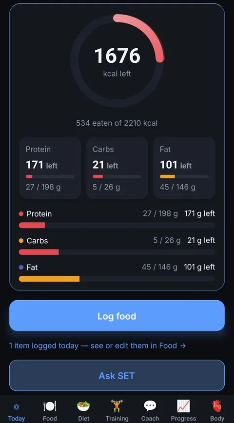 Today: 1676 calories left of 2210, with protein, carbs and fat remaining.