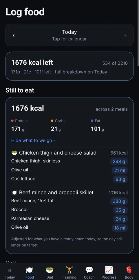 Still to eat: 1676 calories across two meals, with the exact grams for each ingredient.
